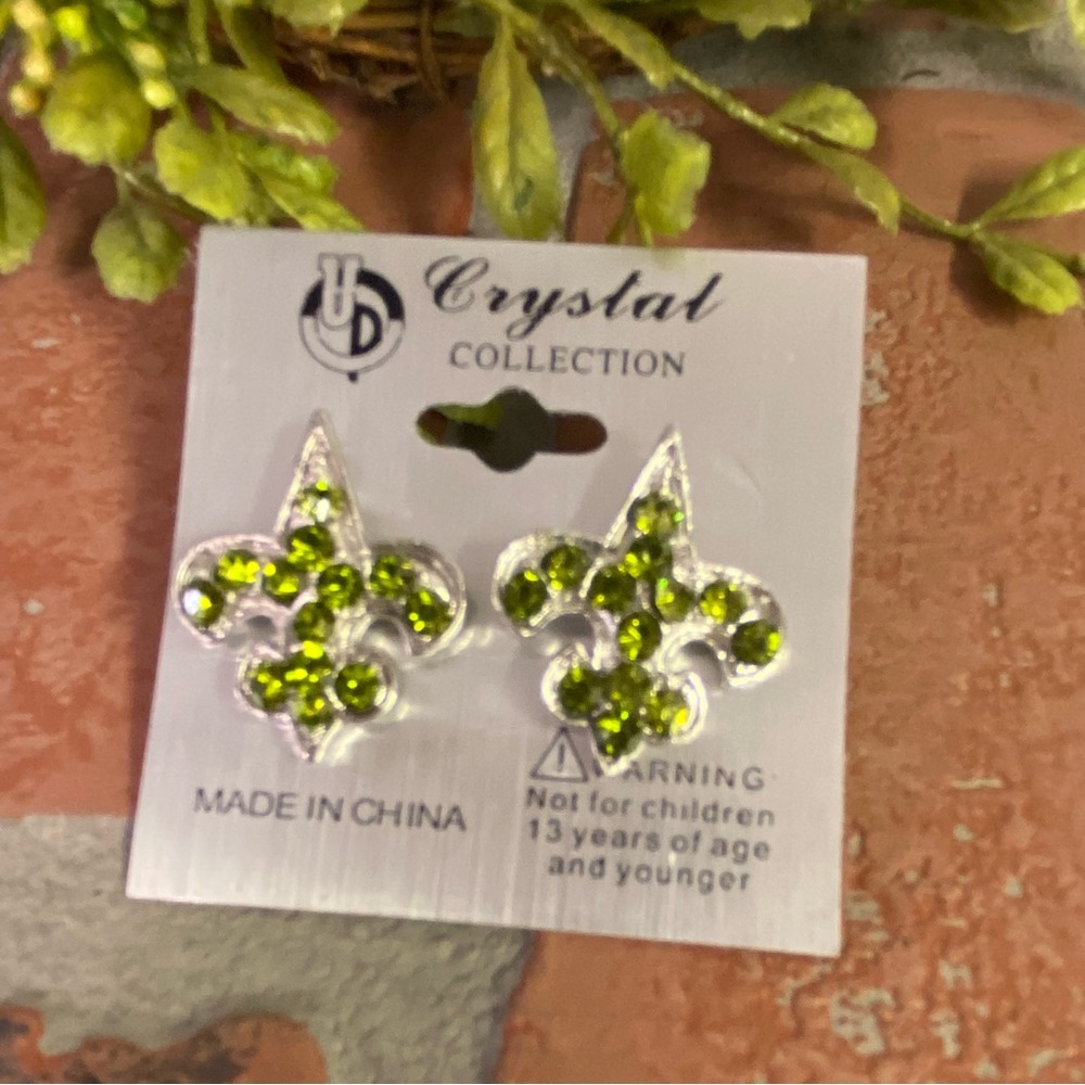 Fashion Green Rhinestone Mardi Gras Fleur Di Lis Stud Earrings Post Back…